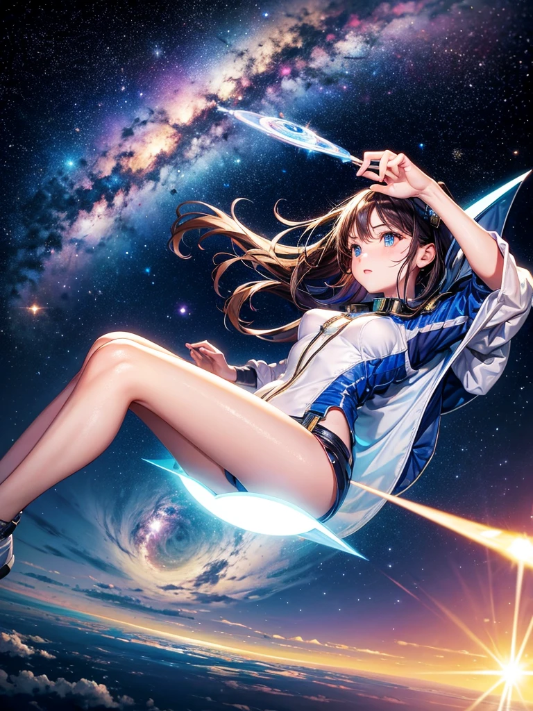 Highest quality,Highest Resolution,A beautiful girl from the future flying in space,Earth in the background,Milky Way,