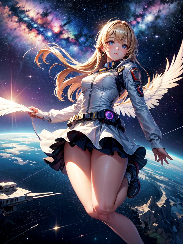 Highest quality,Highest Resolution,A beautiful girl from the future flying in space,Earth in the background,Milky Way,