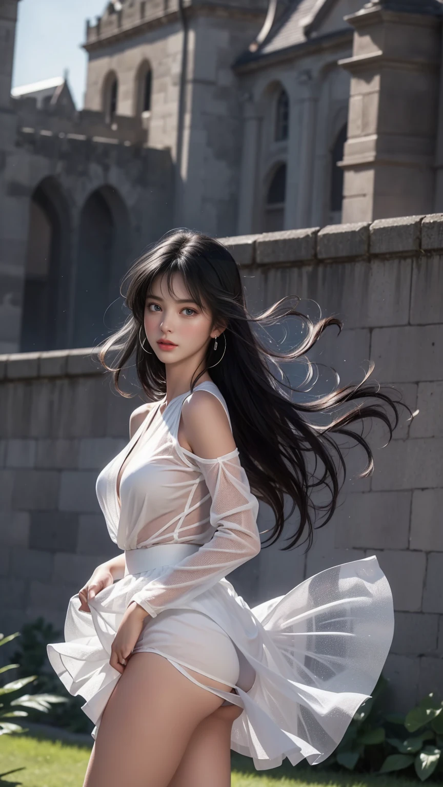 ((Girl standing in front of the wall of an old castle))、Fluorescent color、1 Girl、Look to the side、Beautiful Face、Beautiful Eyes、(Off the shoulder:1.2)、Upper Body、Shiny Hair、Glowing Skin、 Reduce glare、Adjusted finger proportions、escrow、ass pov、Dynamic Angle、(((Master Parts)))、(((Highest quality)))、(((Super-detailed))) detailed)、(An illustration)、(detailedな光)、(Very delicate and beautiful)、dramatic_Shadow、Ray_Tracking、reflection、 Ultra-high resolution、((Colorful and black hair mesh girls))、 Her hair flutters in the wind、(big deep blue eyes)、Black-haired woman、 Sparkling butterfly、Black-haired woman、Points of light around the woman、Magical Aura、Green dot、About Auras Nature、超Magical AuraBlack-haired woman,((Off the shoulderの半透明の白いドレス:1.3))、(Sleeveless)、((My skirt is flying up in the wind)),((An old European castle looms in the distance)),((White panties are visible)),
