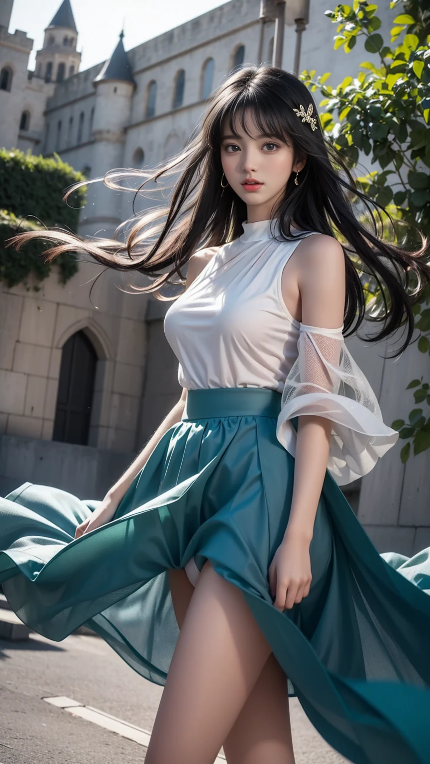 ((Girl standing in front of the wall of an old castle))、Fluorescent color、1 Girl、Look to the side、Beautiful Face、Beautiful Eyes、(Off the shoulder:1.2)、Upper Body、Shiny Hair、Glowing Skin、 Reduce glare、Adjusted finger proportions、escrow、ass pov、Dynamic Angle、(((Master Parts)))、(((Highest quality)))、(((Super-detailed))) detailed)、(An illustration)、(detailedな光)、(Very delicate and beautiful)、dramatic_Shadow、Ray_Tracking、reflection、 Ultra-high resolution、((Colorful and black hair mesh girls))、 Her hair flutters in the wind、(big deep blue eyes)、Black-haired woman、 Sparkling butterfly、Black-haired woman、Points of light around the woman、Magical Aura、Green dot、About Auras Nature、超Magical AuraBlack-haired woman,((Off the shoulderの半透明の白いドレス:1.3))、(Sleeveless)、((My skirt is flying up in the wind)),((An old European castle looms in the distance)),((White panties are visible)),