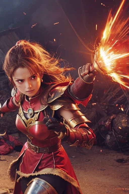 a close up of a person holding a bow, north female warrior, female warrior, appears as the fire goddess, red skintight leather armor, skintight red leather armor, north female warrior, skimpy leather armor, golden and copper armor, spears, warrior outfit, elf warrior, greek amazon warrior, lady in red armor, greatest elven warrior