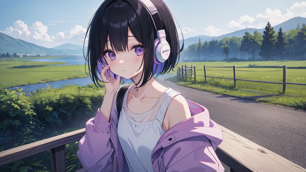 Masterpiece、super high quality、Chill、pastel colour、landscape、lack of sleep、sleepy、alone、Lonely、Wearing headphones、pretty girl、Black Hair、Bob Hair、Eyes are purple、Droopy eyes、super high quality、Lo-Fi