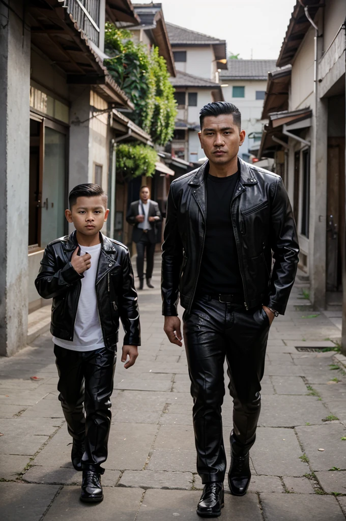 A handsome 35 year old Indonesian mafia boss is walking with his handsome 3 year old boy, wearing a shiny black leather jacket, Undercut hair is combed neatly, background of a group of mafia people, real photo, clear photo, professional photo, full HD, 4k