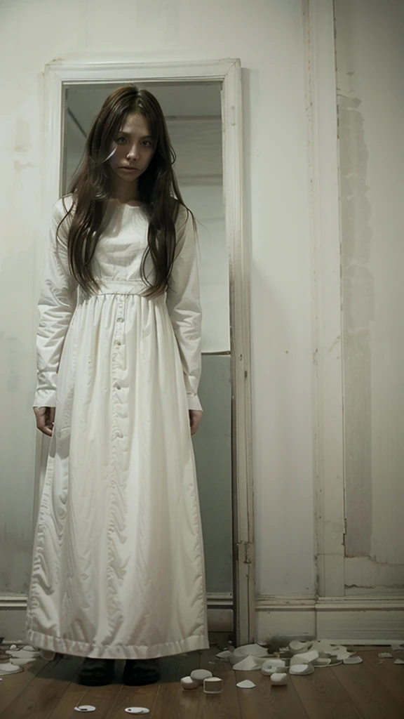 arafed woman in a white dress standing in a room with pictures on the wall, the ring movie, the ring, film still from a horror movie, portrait of sadako of the ring, horror movie scene, film still from horror movie, still from horror movie, horror movie still, horror film still, the grudge, horror movie aesthetic, horror film