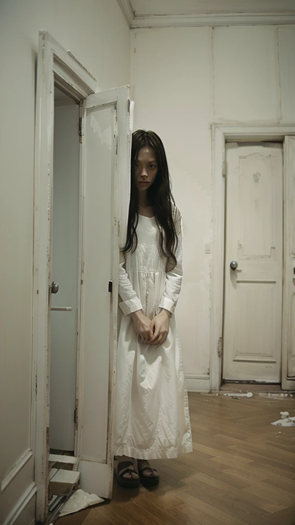 arafed woman in a white dress standing in a room with pictures on the wall, the ring movie, the ring, film still from a horror movie, portrait of sadako of the ring, horror movie scene, film still from horror movie, still from horror movie, horror movie still, horror film still, the grudge, horror movie aesthetic, horror film
