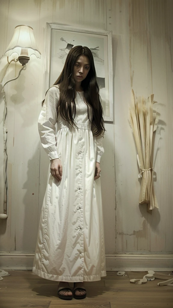 arafed woman in a white dress standing in a room with pictures on the wall, the ring movie, the ring, film still from a horror movie, portrait of sadako of the ring, horror movie scene, film still from horror movie, still from horror movie, horror movie still, horror film still, the grudge, horror movie aesthetic, horror film