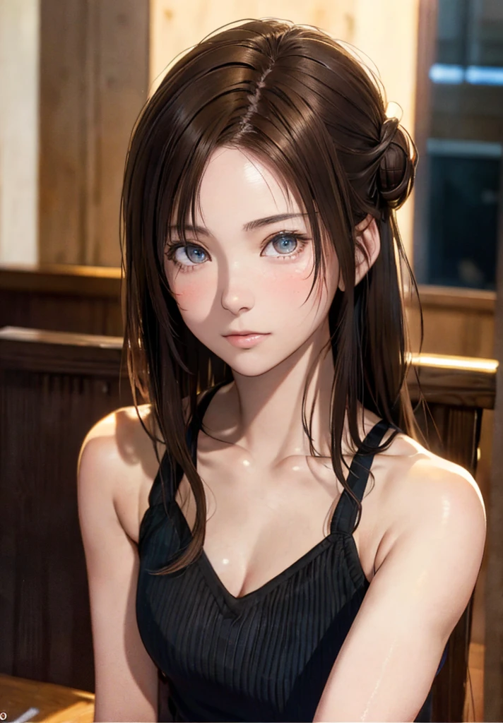 8K,Best Quality, masutepiece, 超A high resolution, (Photorealistic:1.4), Raw photo, (Authentic skin texture:1.3), (Film grain:1.3), (Selfie angle),1girl in, Bun hairstyle, Brown hair, Sitting, Chair, bored, Hand supporting chin, beautiful detailed eyes and face,masutepiece, Best Quality,close-up,upper bod,
