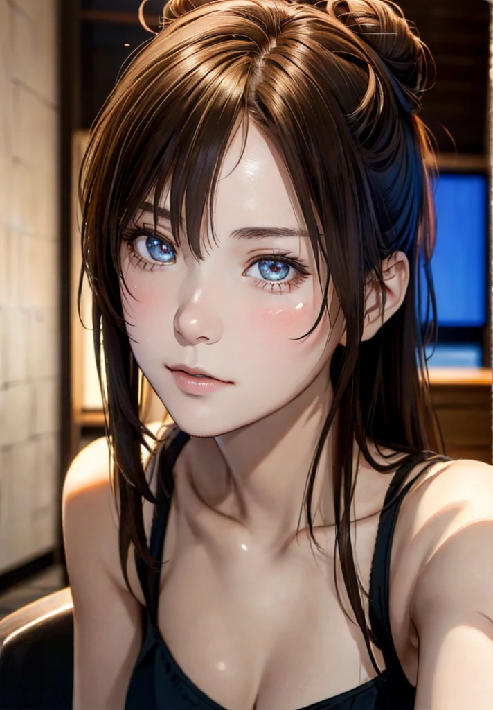 8K,Best Quality, masutepiece, 超A high resolution, (Photorealistic:1.4), Raw photo, (Authentic skin texture:1.3), (Film grain:1.3), (Selfie angle),1girl in, Bun hairstyle, Brown hair, Sitting, Chair, bored, Hand supporting chin, beautiful detailed eyes and face,masutepiece, Best Quality,close-up,upper bod,