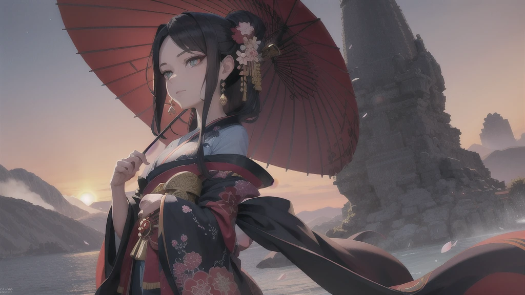 In a realm where the sky is perpetually painted with the vibrant hues of dawn and dusk, stands a majestic figure. She is adorned in an intricately designed kimono, with patterns of cherry blossoms and flowing water, symbolizing the harmony between nature and human spirit. Her dark hair is styled in a traditional updo, adorned with elaborate hairpieces and a striking red parasol. Her crimson eyes reflect a deep sense of wisdom and mystery, hinting at untold stories and hidden powers. With an aura of elegance and strength, she gazes into the distance, as if guarding the secrets of an ancient civilization. The backdrop of swirling clouds and the setting sun adds a mystical quality to the scene, creating an ethereal atmosphere. Write a story about this enigmatic character, exploring her origins, her journey, and the magical world she inhabits. 4k, HD, Traditional Kanzashi Hairpins, Floral Decorations