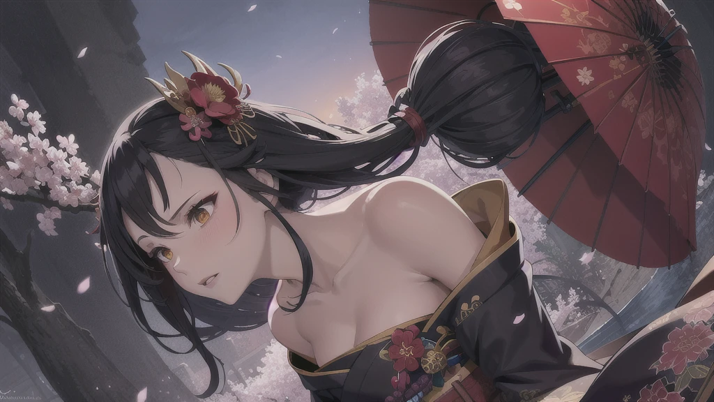 In a realm where the sky is perpetually painted with the vibrant hues of dawn and dusk, stands a majestic figure. She is adorned in an intricately designed kimono, with patterns of cherry blossoms and flowing water, symbolizing the harmony between nature and human spirit. Her dark hair is styled in a traditional updo, adorned with elaborate hairpieces and a striking red parasol. Her crimson eyes reflect a deep sense of wisdom and mystery, hinting at untold stories and hidden powers. With an aura of elegance and strength, she gazes into the distance, as if guarding the secrets of an ancient civilization. The backdrop of swirling clouds and the setting sun adds a mystical quality to the scene, creating an ethereal atmosphere. Write a story about this enigmatic character, exploring her origins, her journey, and the magical world she inhabits. 4k, HD, Traditional Kanzashi Hairpins, Floral Decorations