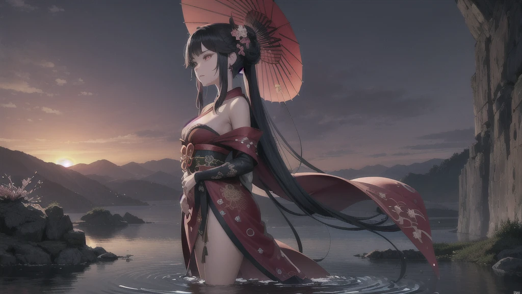 In a realm where the sky is perpetually painted with the vibrant hues of dawn and dusk, stands a majestic figure. She is adorned in an intricately designed kimono, with patterns of cherry blossoms and flowing water, symbolizing the harmony between nature and human spirit. Her dark hair is styled in a traditional updo, adorned with elaborate hairpieces and a striking red parasol. Her crimson eyes reflect a deep sense of wisdom and mystery, hinting at untold stories and hidden powers. With an aura of elegance and strength, she gazes into the distance, as if guarding the secrets of an ancient civilization. The backdrop of swirling clouds and the setting sun adds a mystical quality to the scene, creating an ethereal atmosphere. Write a story about this enigmatic character, exploring her origins, her journey, and the magical world she inhabits. 4k, HD, Traditional Kanzashi Hairpins, Floral Decorations