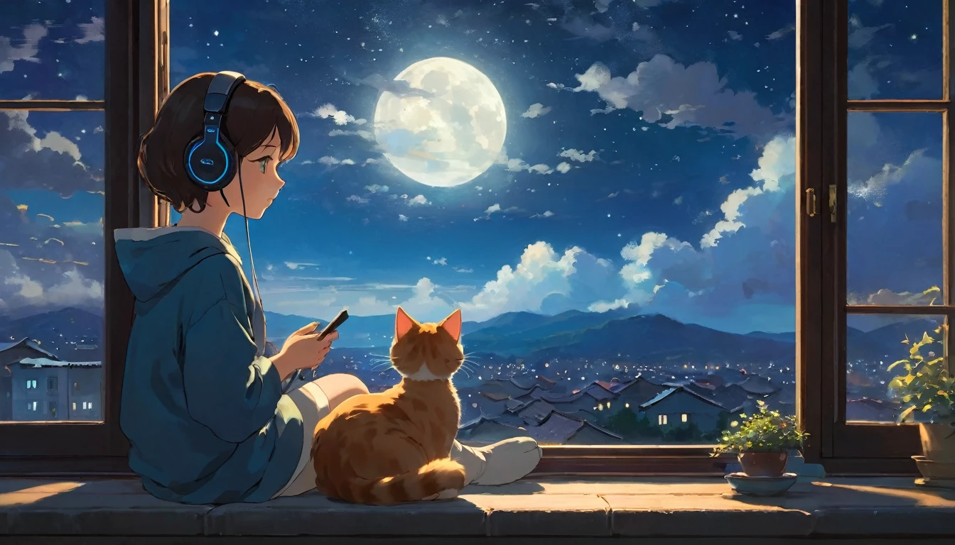 The style of Ghibli animation,The night sky appears deep and calm,The clouds are very thick,The moonlight shines through the gaps in the clouds,Appear soft and warm。A girl,Sitting by the window,Wearing headphones,There is a cute kitten next to it,His eyes were staring into the distance,My thoughts wander in the cold night of Beginning of Winter,There is a touch of tranquility and warmth on the face。(best quality,4K,8K,High resolution,masterpiece:1.2),Extremely detailed.