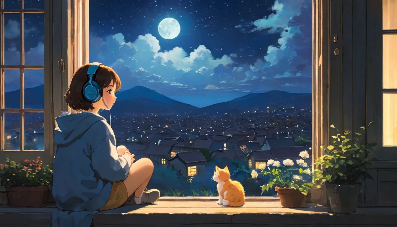 The style of Ghibli animation，The night sky appears deep and calm，The clouds are very thick，The moonlight shines through the gaps in the clouds，Appear soft and warm。A girl，Sitting by the window，Wearing headphones，There is a cute kitten next to it，His eyes were staring into the distance，My thoughts wander in the cold night of Beginning of Winter，There is a touch of tranquility and warmth on the face。(best quality,4K,8K,High resolution,masterpiece:1.2),Extremely detailed.