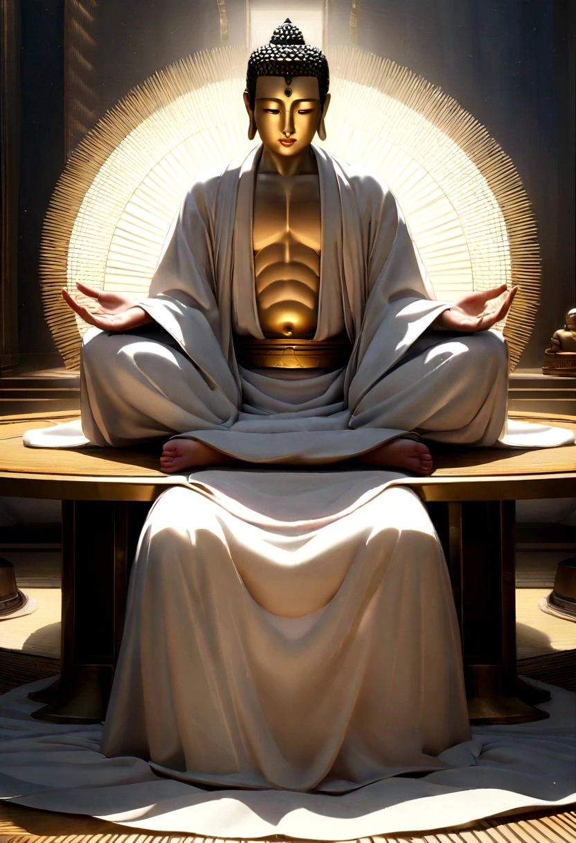 (Chinese immortals), (Buddhism), multiplication_Practical Stories), (Buddha), 她Sitting on the lotus, (Three hands to the left,Three hands to the right, Each hand holds a different Buddhist instrument., Bilateral symmetry),(Beautiful face), (White silk robe)Sitting on the lotus, front Photo,Light smiles, Neoclassicism, On Art, Chiaroscuro, light, Divine Light, Ray Tracing, Role List, Projection Insertion, One person's point of view, Ultra HD, On the table, precise, Textured Skin, Super Detail, High Detail, high quality, The award-winning, best quality, high resolution, 8K
