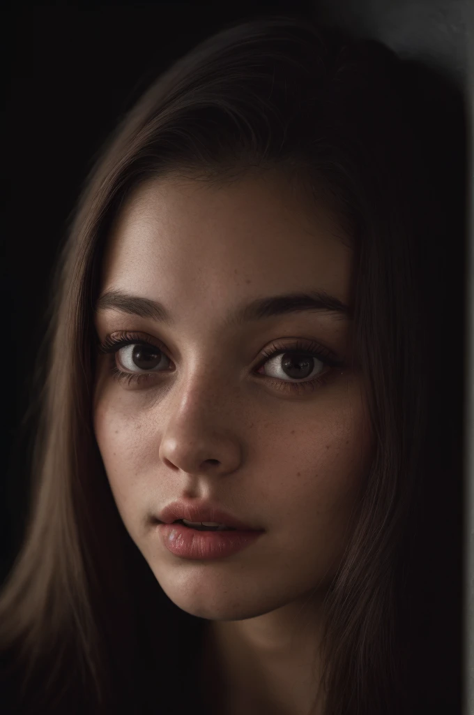 (close-up, editorial photograph of a 21 year old woman), (highly detailed face:1.4) (smile:0.7) (background inside dark, moody, private study:1.3) POV, by lee jeffries, nikon d850, film stock photograph ,4 kodak portra 400 ,camera f1.6 lens ,rich colors ,hyper realistic ,lifelike texture, dramatic lighting , cinestill 800,