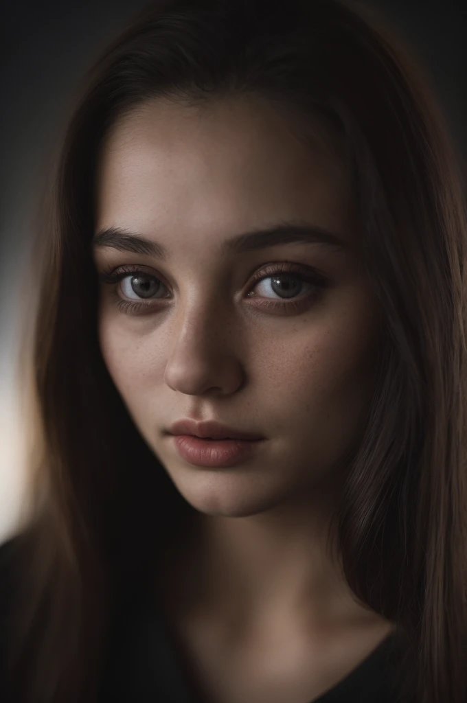 (close-up, editorial photograph of a 21 year old woman), (highly detailed face:1.4) (smile:0.7) (background inside dark, moody, private study:1.3) POV, by lee jeffries, nikon d850, film stock photograph ,4 kodak portra 400 ,camera f1.6 lens ,rich colors ,hyper realistic ,lifelike texture, dramatic lighting , cinestill 800,