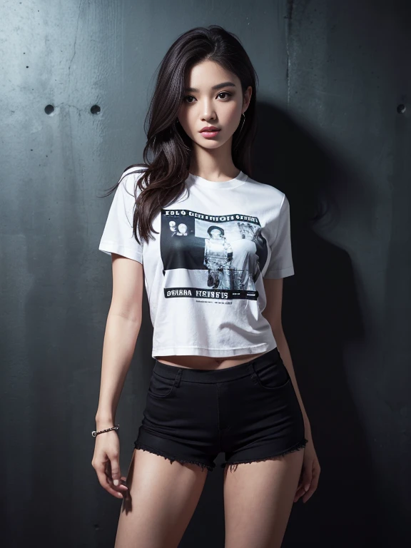 a young woman, in white tight t-shirt, black shorts, detailed, realistic, photo, stand up straight, realistic, hyper detailed, beautiful, dark tone, photorealistic, masterpiece, high quality, 8k