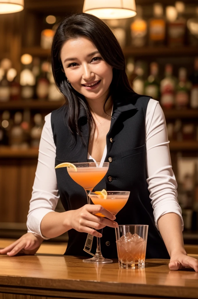NSFW, 1 milf, ((45 years old)), (bar bartender:1.2), (Commer Best:1.2), BREAK (Black Commer Vest:1.6), (small breasts:1.2), (no good), cleavage, (sexy chest:1.2), wrinkles on the face, BREAK wrinkles at the corners of the eyes, BREAK Long hair up hairstyle, Friendly and approachable expressions, BREAK (making cocktails:1.3), BREAK Chic and calm bar background, dim lights, And a lively atmosphere, Chic dim lighting, (Serving customers with a smile:1.2), (Focus on the customer diagonally to the left:1.2), close up shot, Capture the dynamic and sociable nature of the bar environment, nice hands, perfect hands, 8K, highest quality, realistic style.