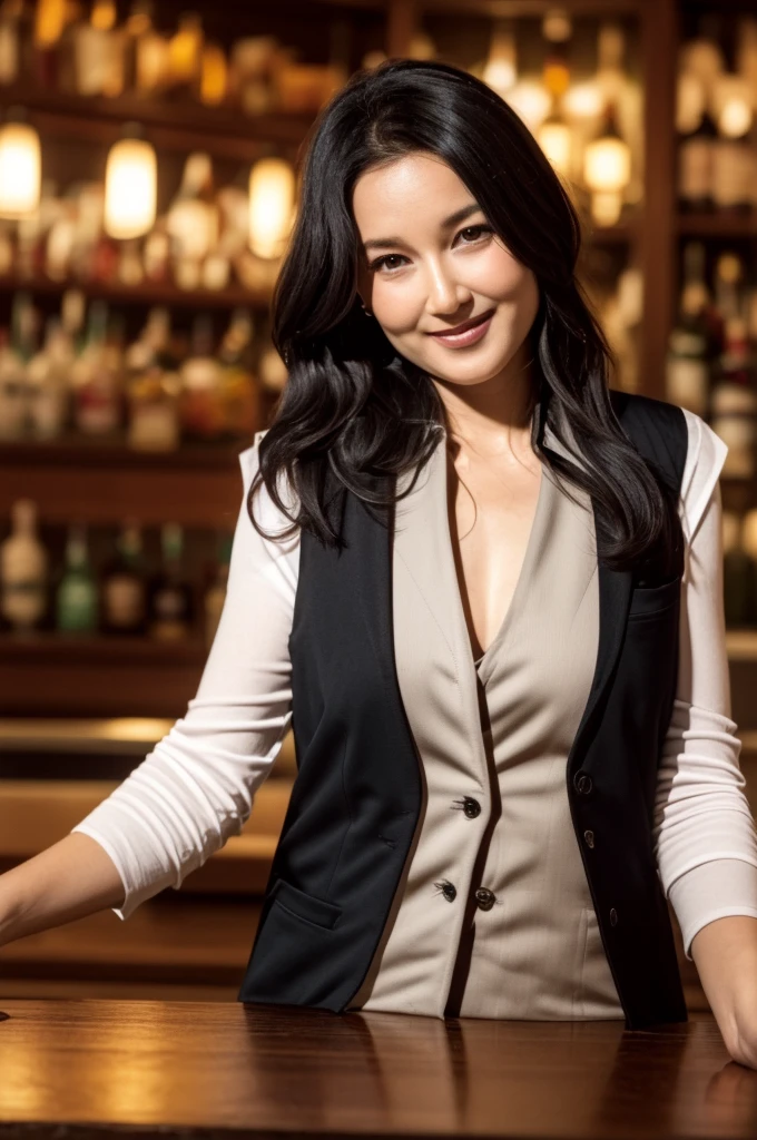 NSFW, 1 milf, ((45 years old)), (bar bartender:1.2), (Commer Best:1.2), BREAK (Black Commer Vest:1.6), (small breasts:1.2), (no good), cleavage, (sexy chest:1.2), wrinkles on the face, BREAK wrinkles at the corners of the eyes, BREAK Long hair up hairstyle, Friendly and approachable expressions, BREAK (making cocktails:1.3), BREAK Chic and calm bar background, dim lights, And a lively atmosphere, Chic dim lighting, (Serving customers with a smile:1.2), (Focus on the customer diagonally to the left:1.2), close up shot, Capture the dynamic and sociable nature of the bar environment, nice hands, perfect hands, 8K, highest quality, realistic style.
