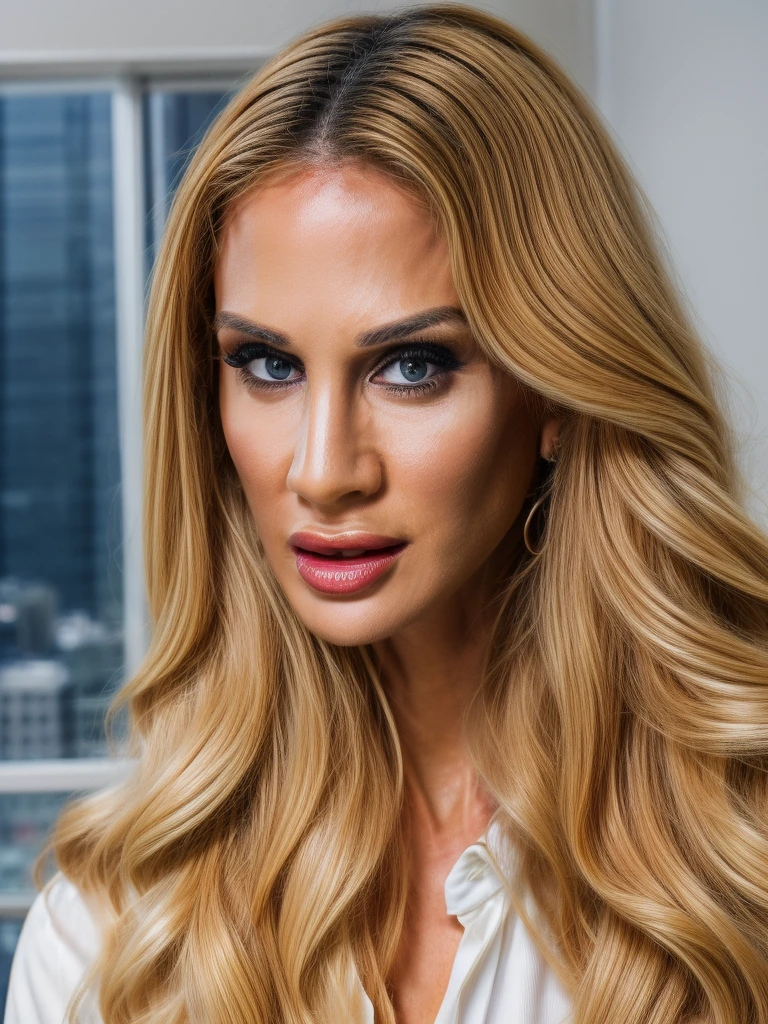 Masterpiece, an award winning portrait of (Sarah Jessie)30 years old female beautiful business executive, ultra detailed face, ultra high detailed eyes, ultra realistic skin, (textured skin, skin pores, half body shot:1.1), tan skin,blonde long wavy hair, hair over one eye, blue eyes, dark eyes, thin eyebrows, perfect teeth, red lipstick, seductive makeup, black Armani luxury business suit and white shirt, 32K, ultra high res.photorealistic, UHD, Leica SL2 + Leica Vario-Elmarit-SL 24-70 f/2.8 ASPH, RAW, sharp ,natural lighting, a corporate photography, top executive luxurious office in the background