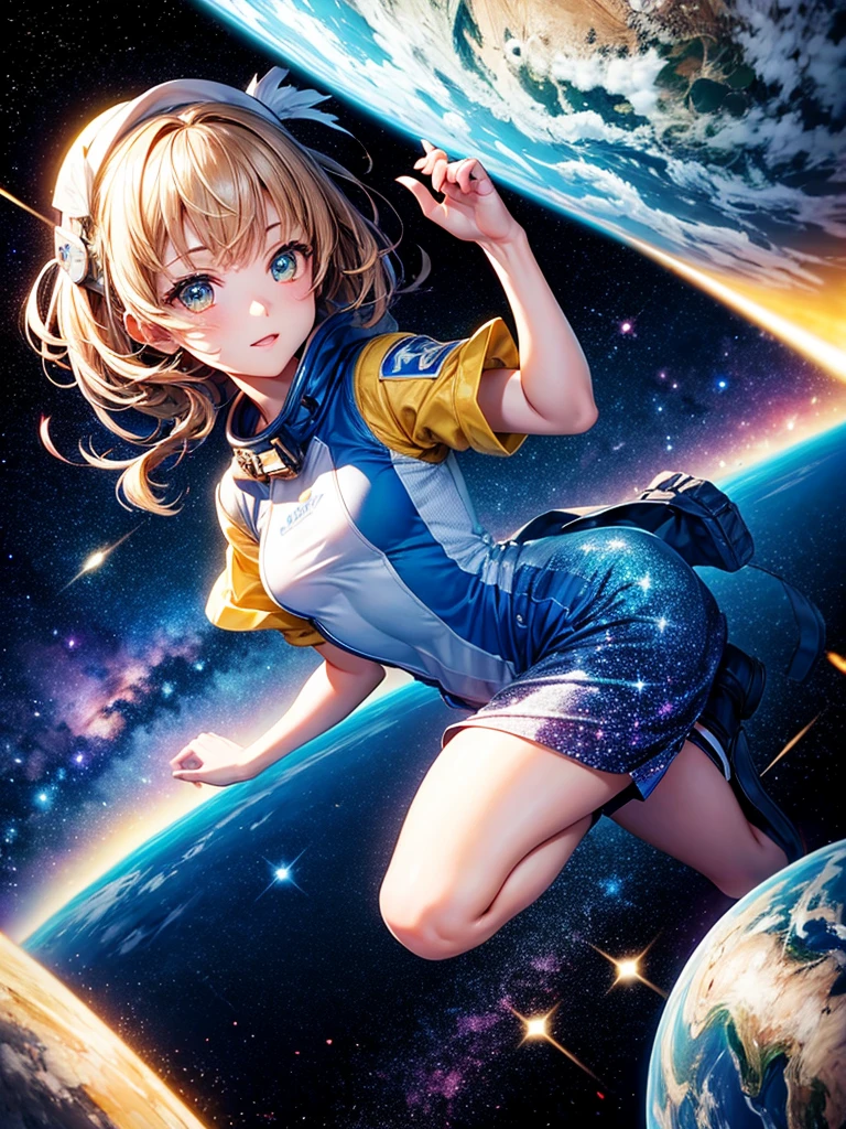 Highest quality,Highest Resolution,A beautiful girl from the future flying in space,Earth in the background,Milky Way,