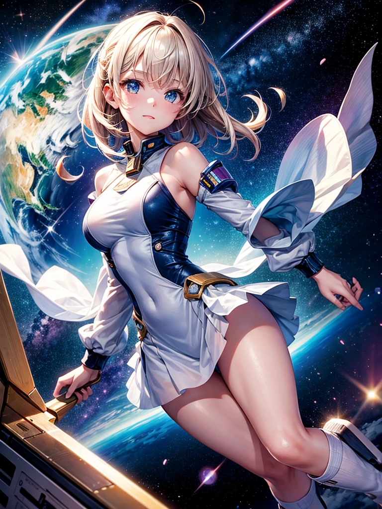 Highest quality,Highest Resolution,A beautiful girl from the future flying in space,Earth in the background,Milky Way,