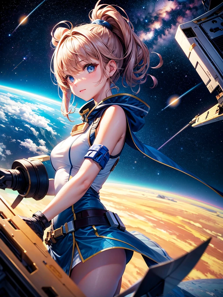 Highest quality,Highest Resolution,A beautiful girl from the future flying in space,Earth in the background,Milky Way,
