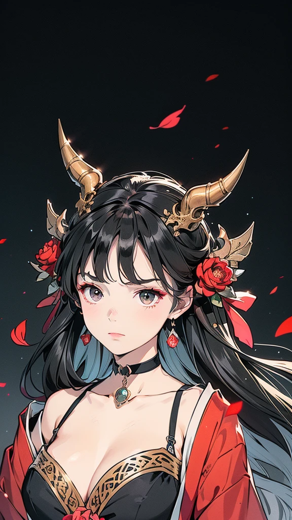 Seven Rhaeyar (Deylta), Ancient Star goddess, Perfect female anatomy (Royalty, Adult Female, 166cm in height, Cool pale skin, slim, slender, 34D breast size, Long Jet Black Hair, Gray Colored Iris , a set of Jet black colored horns on her head), Neutral facial expression, Elegant black uniform dress, female choker accessory with silver complimentary jewelry, dragon motifs, Black rope accessories, Simple Black Background, receiving light from the front, Slightly focusing on her face up close, Ethereal glow, Red Rose petals falling, Japanese inspired