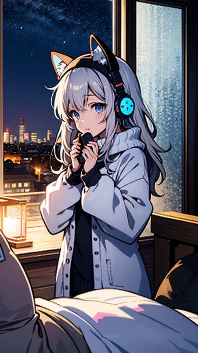 Anime Girls, Wearing a large sweater, Wearing headband headphones, praise, quiet, quiet雰囲気, cold, Looking out the bedroom window, night, quiet night, Cat, masterpiece, Highest quality