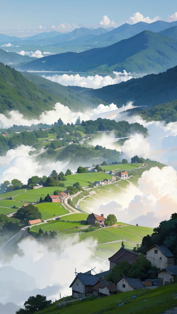 Quiet little village,Surrounded by green mountains and waters,Smoke from cooking,Ancient idyllic