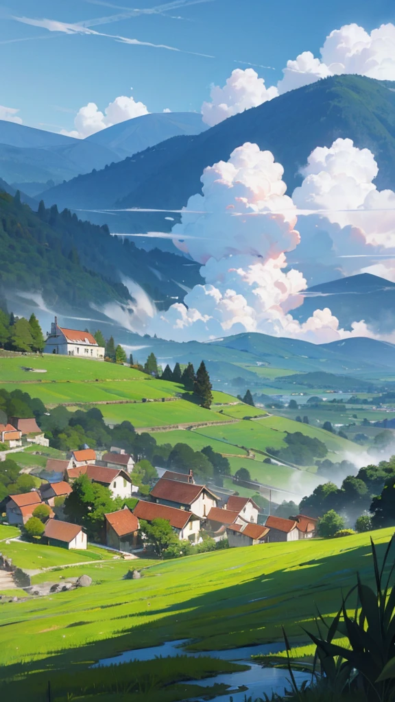 Quiet little village,Surrounded by green mountains and waters,Smoke from cooking,Ancient idyllic