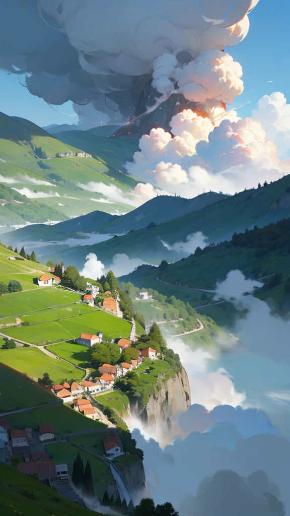 Quiet little village,Surrounded by green mountains and waters,Smoke from cooking,Ancient idyllic