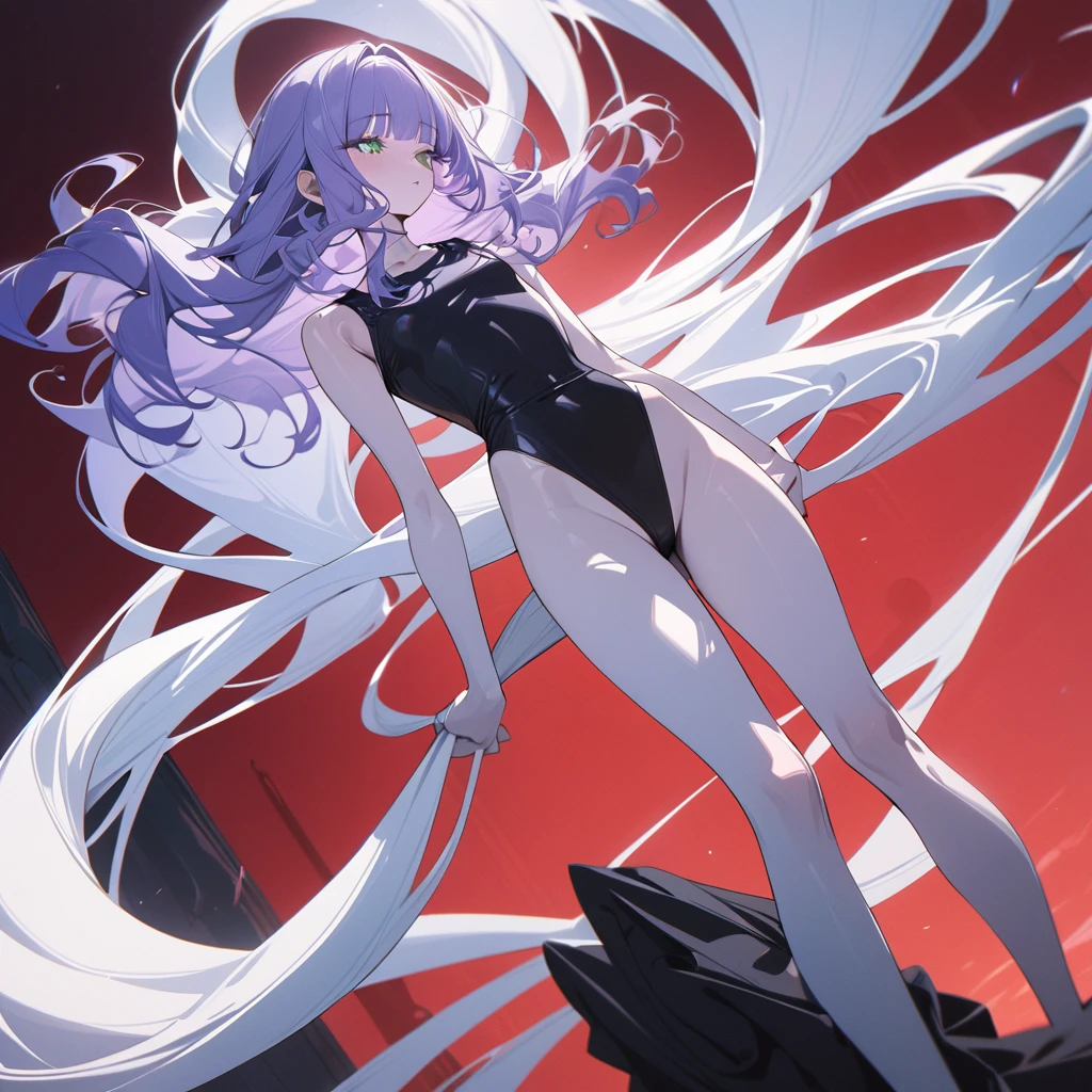 (exceptional, best aesthetic, new, newest, best quality, extremely detailed, :1.2),8k, white theme, blue theme,
a girl with pale-purple hair, a dynamic angle from front, wavy hair blowing in the wind, blunt bangs hair, black and green eyes, A black tank top, small breast, full body shot, A crimson sky background, a naked girl crucified,closed eyes,from front,