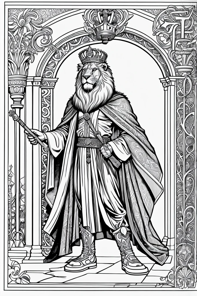 A lion dressed as a king cartoon colouring page
