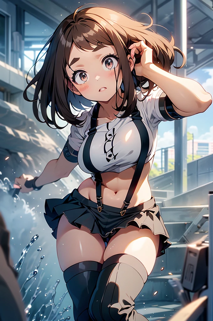 Brown hair、watching at viewers　　　black suspenders　　　Bulging big breasts　　 　 　　　walls: 　Black miniskirt　garters　　　　　　Gaze　　　Small face　bangss 　　　holster　　　Beautuful Women　　hands up　　レッグholster ベッドに横たわる　　Gaze 　black boots panty shot　provocation　flank　flank汗　soio 　arm