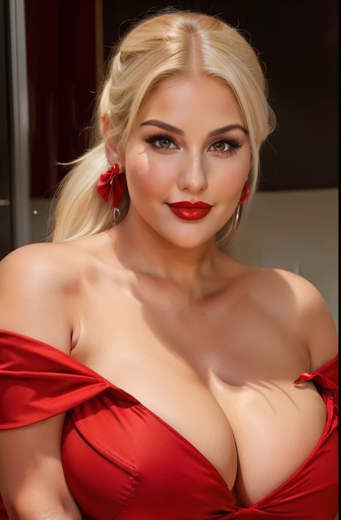 Lucy Pinder, Face portrait, face, cleavage, ((red lipstick)), smiling, straight hair, PLATINUM hair, Ponytail, off-shoulder dress, red dress, very chubby woman, voluptuous woman