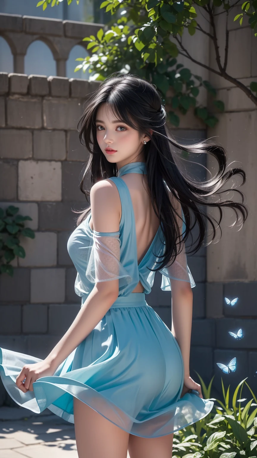 ((Girl standing in front of the wall of an old castle))、Fluorescent color、1 Girl、Look to the side、Beautiful Face、Beautiful Eyes、（Off the shoulder：1.2）、Upper Body、Shiny Hair、Glowing Skin、 Reduce glare、Adjusted finger proportions、escrow、ass pov、Dynamic Angle、(((Master Parts)))、(((Highest quality)))、(((Super-detailed))) detailed）、（An illustration）、（detailedな光）、（Very delicate and beautiful）、dramatic_Shadow、Ray_Tracking、reflection、 Ultra-high resolution、((Colorful and black hair mesh girls))、 Her hair flutters in the wind、(big deep blue eyes)、Black-haired woman、 Sparkling butterfly、Black-haired woman、Points of light around the woman、Magical Aura、Green dot、About Auras Nature、超Magical AuraBlack-haired woman,((Off the shoulderの半透明の白いドレス:1.3))、(Sleeveless)、((My skirt is flying up in the wind)),((An old European castle looms in the distance)),