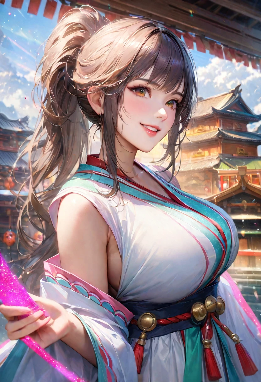 Domestic, Clear sky with white clouds, Shrine maiden, Blur the background,young woman,Big Breasts,ponytail,smile,Glitter effect,Highest quality, 8K, High resolution, masterpiece:1.2, Very detailed, Realistic:1.37, High resolution, 超High resolution, Ultra-fine painting, Very detailed, Professional, Vibrant colors