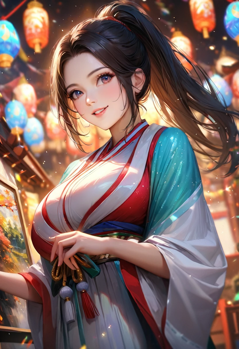 Domestic, Clear sky with white clouds, Shrine maiden, Blur the background,young woman,Big Breasts,ponytail,smile,Glitter effect,Highest quality, 8K, High resolution, masterpiece:1.2, Very detailed, Realistic:1.37, High resolution, 超High resolution, Ultra-fine painting, Very detailed, Professional, Vibrant colors