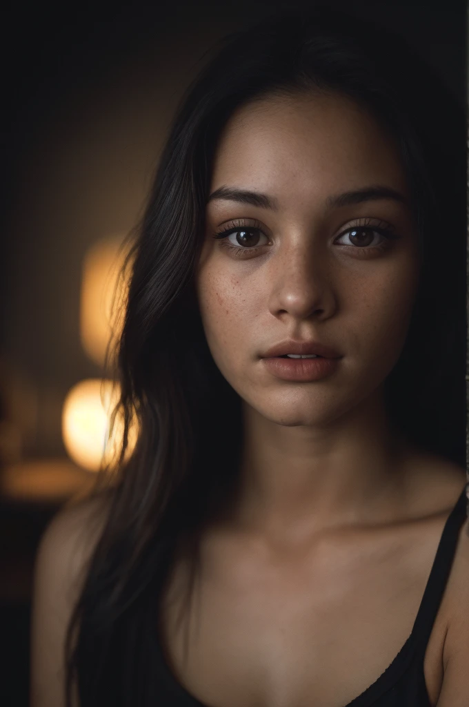 (close-up, editorial photograph of a 21 year old woman), (highly detailed face:1.4) (smile:0.7) (background inside dark, moody, private study:1.3) POV, by lee jeffries, nikon d850, film stock photograph ,4 kodak portra 400 ,camera f1.6 lens ,rich colors ,hyper realistic ,lifelike texture, dramatic lighting , cinestill 800,