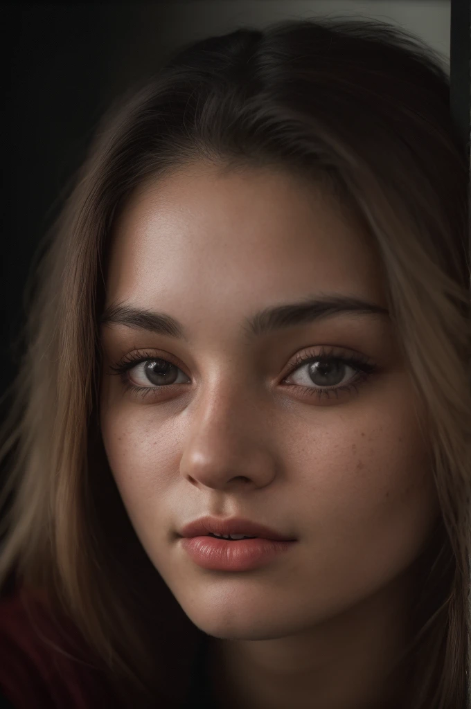 (close-up, editorial photograph of a 21 year old woman), (highly detailed face:1.4) (smile:0.7) (background inside dark, moody, private study:1.3) POV, by lee jeffries, nikon d850, film stock photograph ,4 kodak portra 400 ,camera f1.6 lens ,rich colors ,hyper realistic ,lifelike texture, dramatic lighting , cinestill 800,