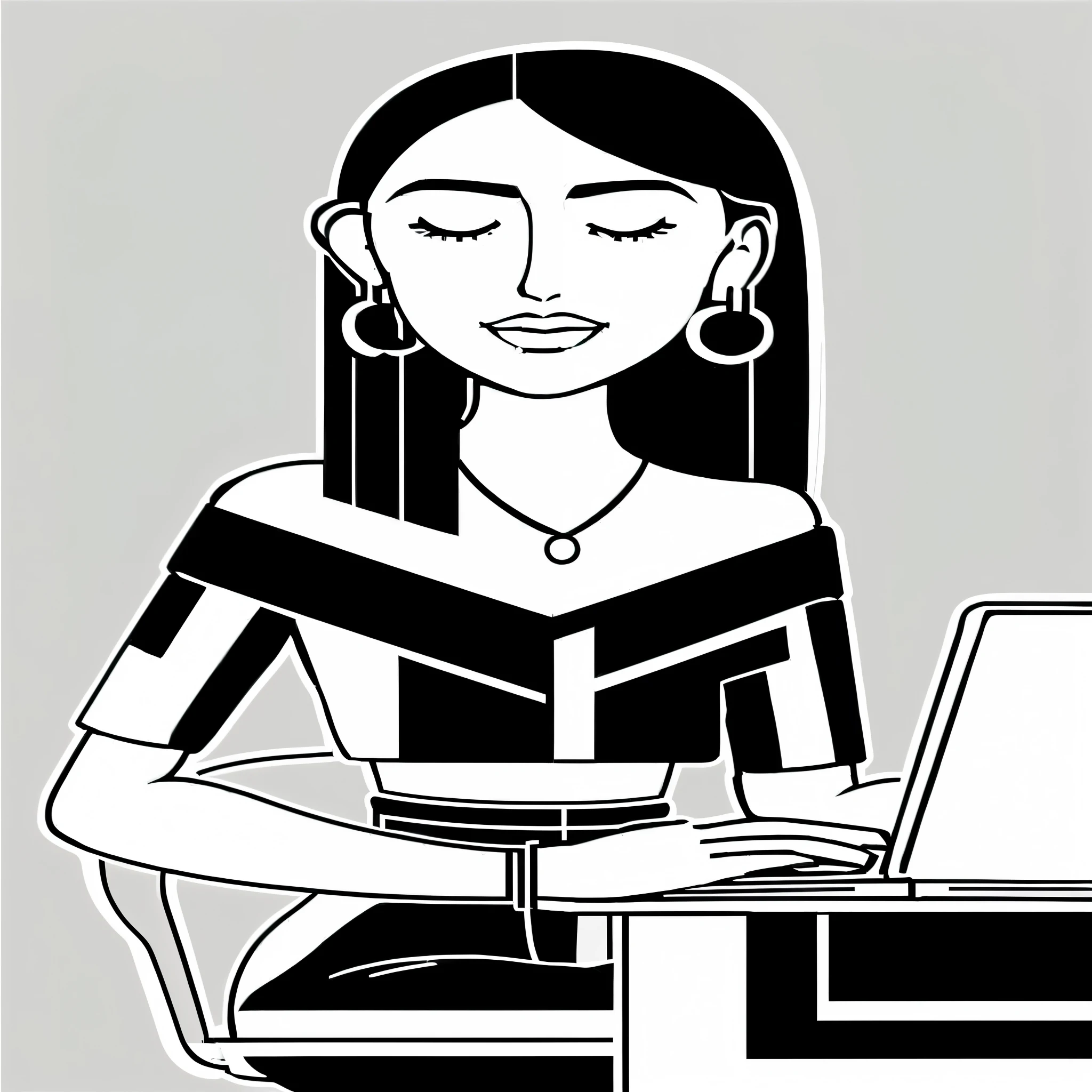 Illustration of a woman sitting at a desk with a laptop, digital character illustration, in style of Digital illustration, Digital illustration -, stylized Digital illustration, Digital illustration, sitting at a computer, cartoon style illustration, black contour illustration, in front of a computer, black and white vector art, sitting in front of the computer, Digital illustration, editorial illustration