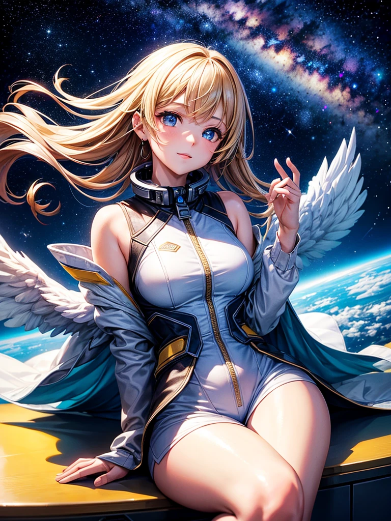 Highest quality,Highest Resolution,A beautiful girl from the future flying in space,Earth in the background,Milky Way,