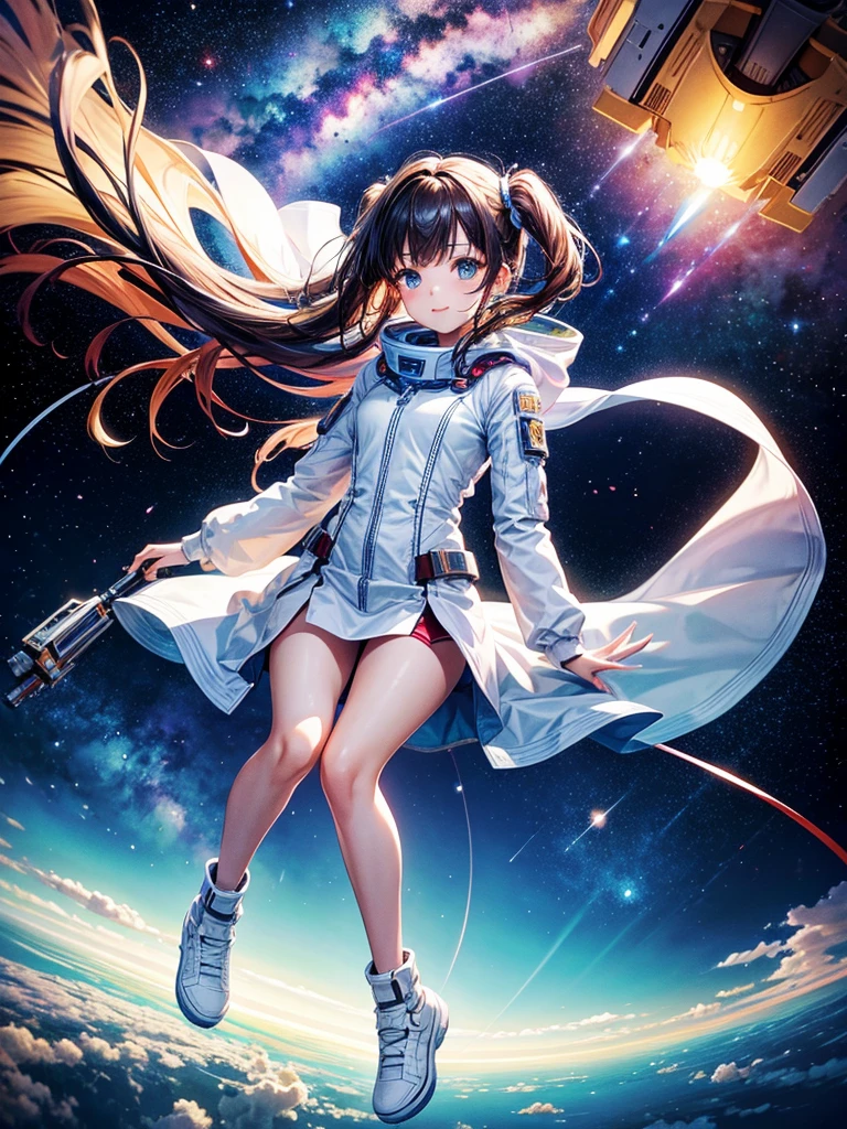 Highest quality,Highest Resolution,A beautiful girl from the future flying in space,Earth in the background,Milky Way,