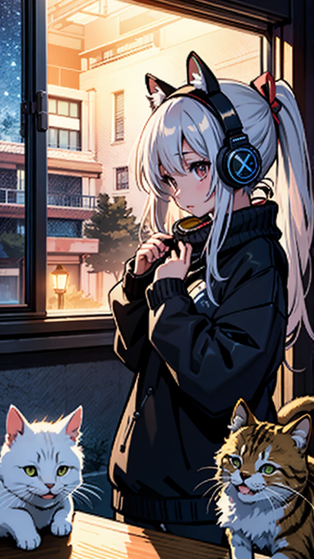 Detailed anime girls, Wearing a large sweater, Wearing headband headphones, praise, quiet, quiet雰囲気, cold, Looking out the bedroom window, night, quiet night, Cat, masterpiece, Highest quality