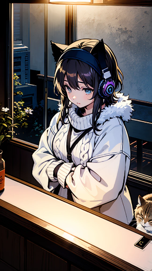 Detailed anime girls, Wearing a large sweater, Wearing headband headphones, praise, quiet, quiet雰囲気, cold, Looking out the bedroom window, night, quiet night, Cat, masterpiece, Highest quality