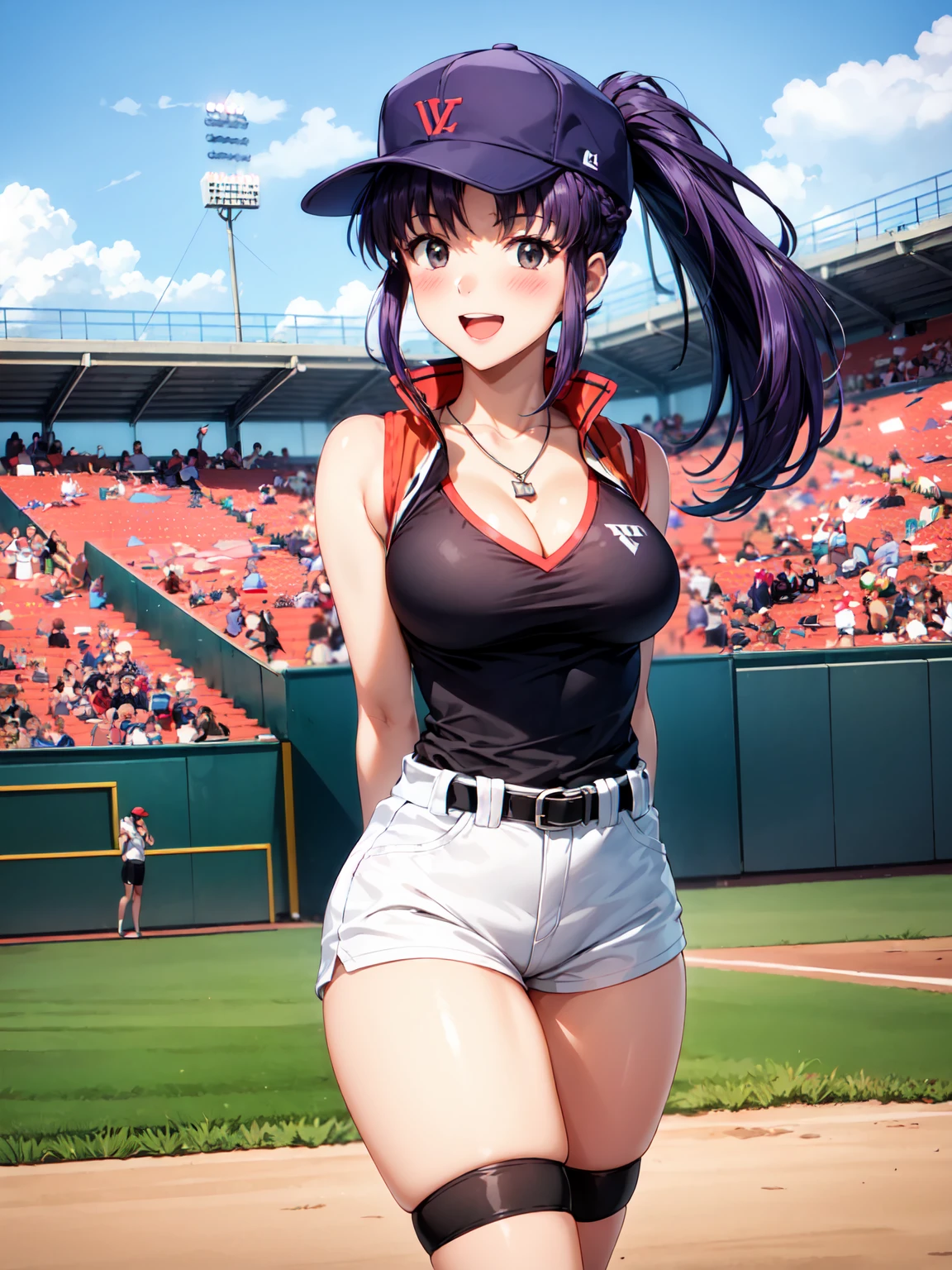 Masterpiece ,best quality , high resolution , ultra detail , colorful , (1 girl solo:1.38) , (Misato katsuragi) , (black eyes, ponytail , purple hair, medium_long_hair, make up, necklace, tall, slim body,) , (wear baseball hat , sport top , sport short , stockings ) , (arms behind back . hands behind back) , (cleavage:1.15) , (big breast:1.1) , (face view , look at view) , (outdoor , Baseball field，race，streamers，victory，celebrate) , (standing , Legs , thighs , cowboy shot) , ( full face blush , shy , smile , open mouth)