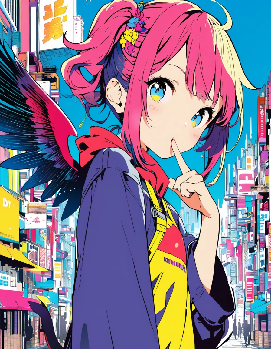 A pop and cute illustration without a main line, extremely detailed 8K CG, ultra-detailed:1.3, ultra delicate and detailed face:1.3, (absurdres, texture, masterpiece), side view, pop art, pixiv contest winner, by Posuka Demizu, dynamic manga-style illustration of a colorful devil girl with large wing and long tail walking around a big city, she holds her index finger in front of her mouth and tells the viewer to be quiet, the background is complex and Colorful buildings and signboards are drawn by Shinro Ohtake,