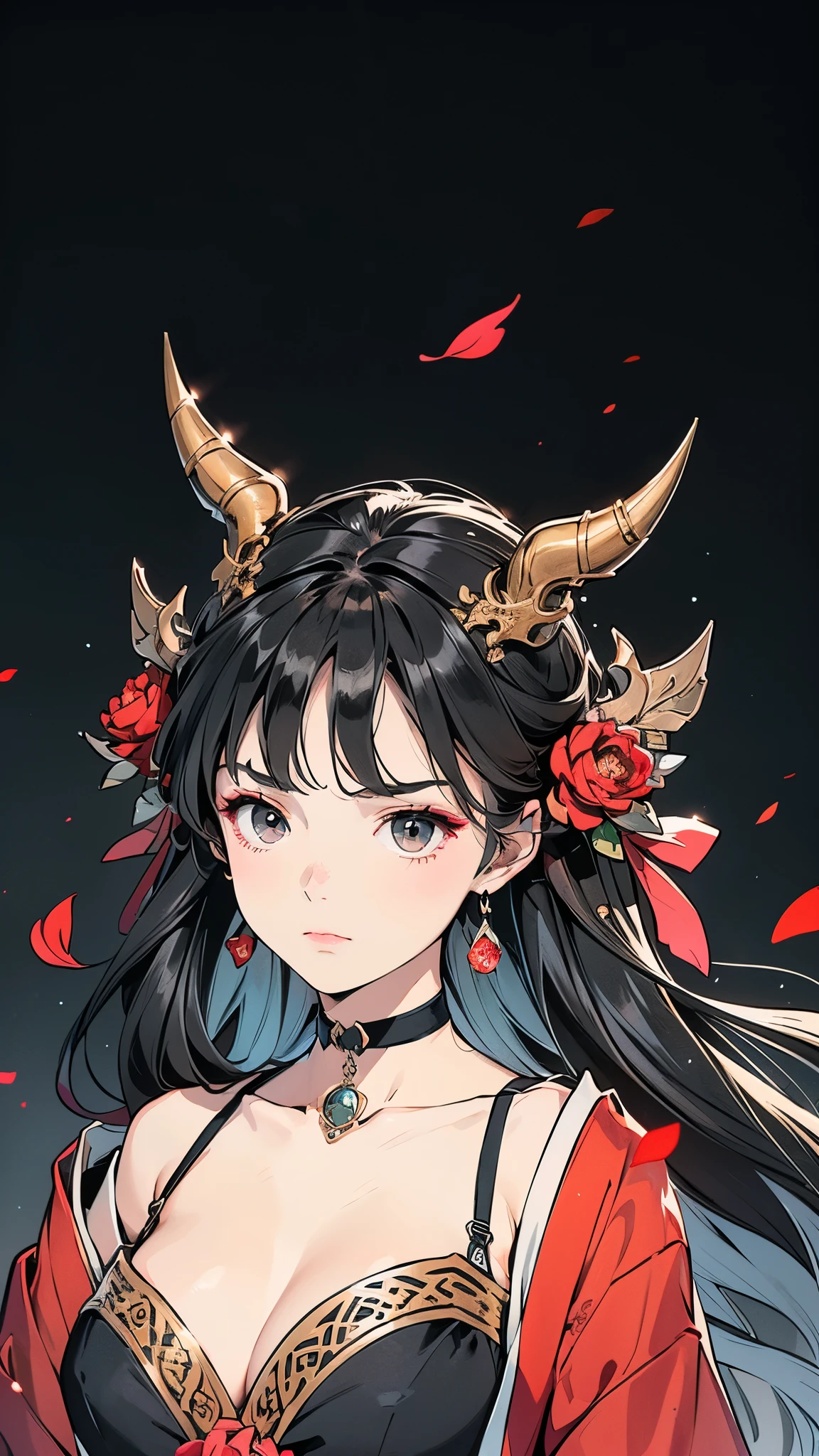 Seven Rhaeyar (Deylta), Ancient Star goddess, Perfect female anatomy (Royalty, Adult Female, 166cm in height, Cool pale skin, slim, slender, 34D breast size, Long Jet Black Hair, Gray Colored Iris , a set of Jet black colored horns on her head), Neutral facial expression, Elegant black uniform dress, female choker accessory with silver complimentary jewelry, dragon motifs, Black rope accessories, Simple Black Background, receiving light from the front, Slightly focusing on her face up close, Ethereal glow, Red Rose petals falling, Japanese inspired