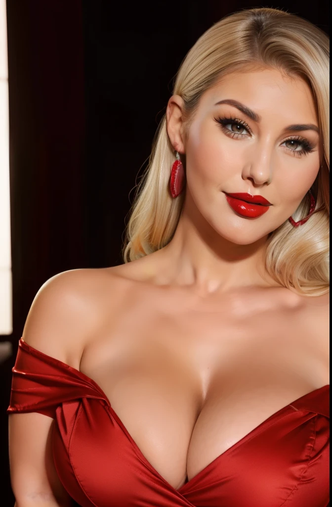 Lucy Pinder, Face portrait, face, cleavage, ((red lipstick)), smiling, straight hair, PLATINUM hair, Ponytail, off-shoulder dress, red dress, very chubby woman, voluptuous woman